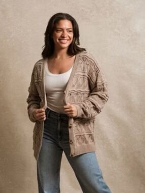 Relaxed Taupe Cable-Knit Button Cardigan Sweater